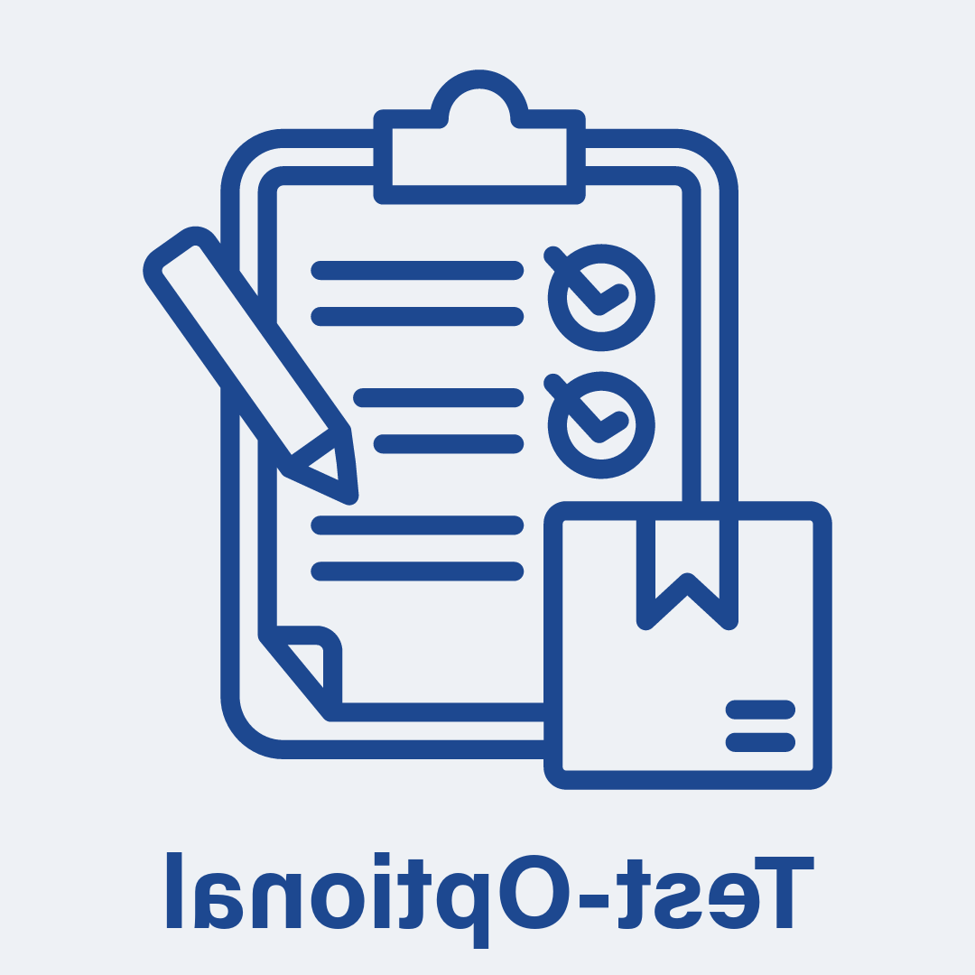 an icon depicting a test with the text "test-optional" below it. everything is in madonna university blue